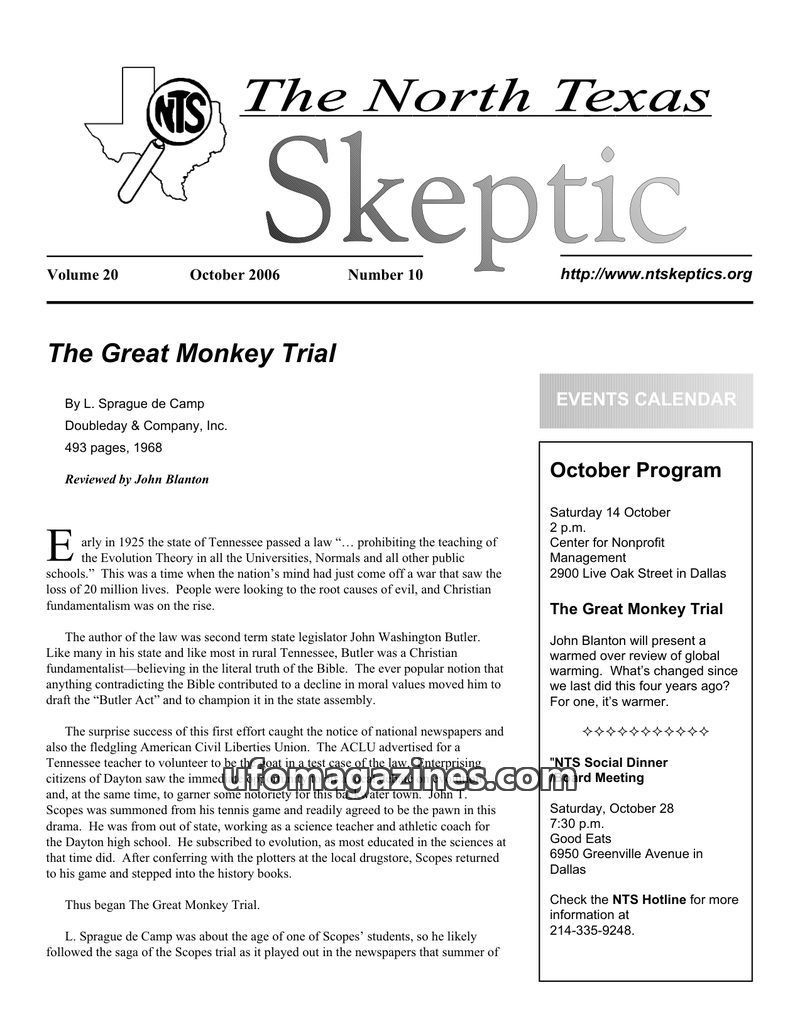 Cover of North Texas Skeptic - Vol 20 No 10 - 2006