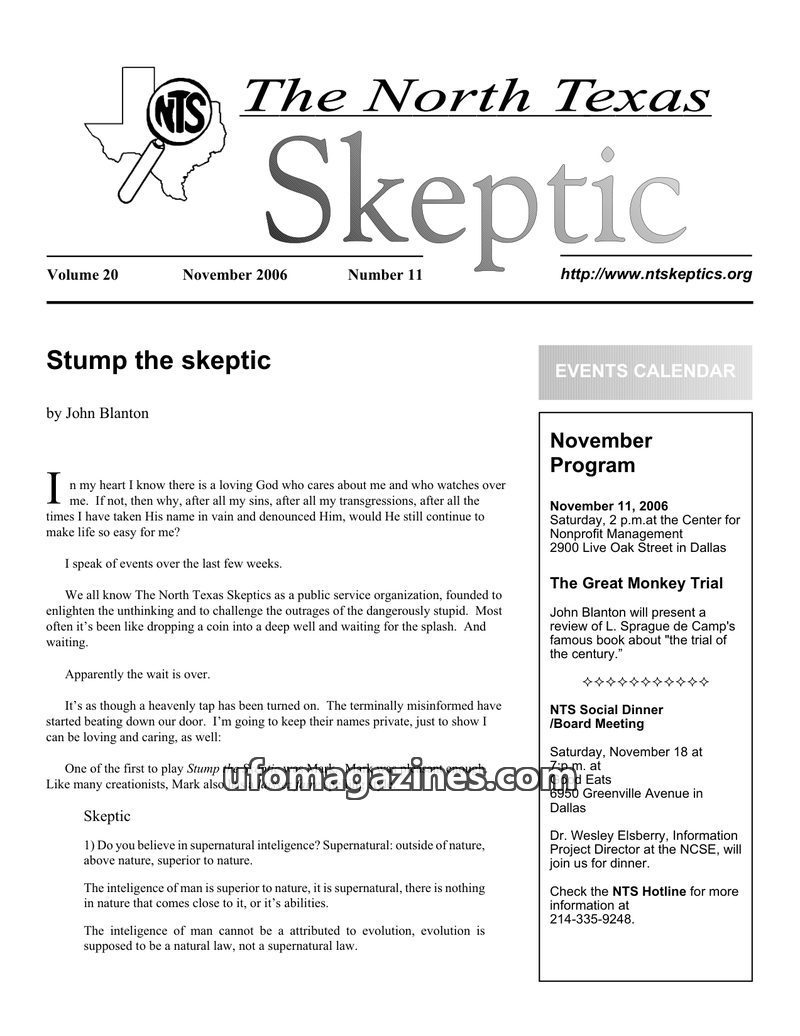 Cover of North Texas Skeptic - Vol 20 No 11 - 2006