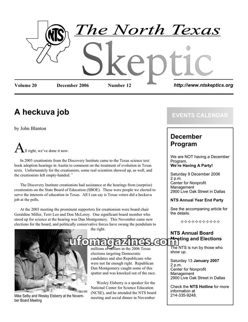Cover of North Texas Skeptic - Vol 20 No 12 - 2006