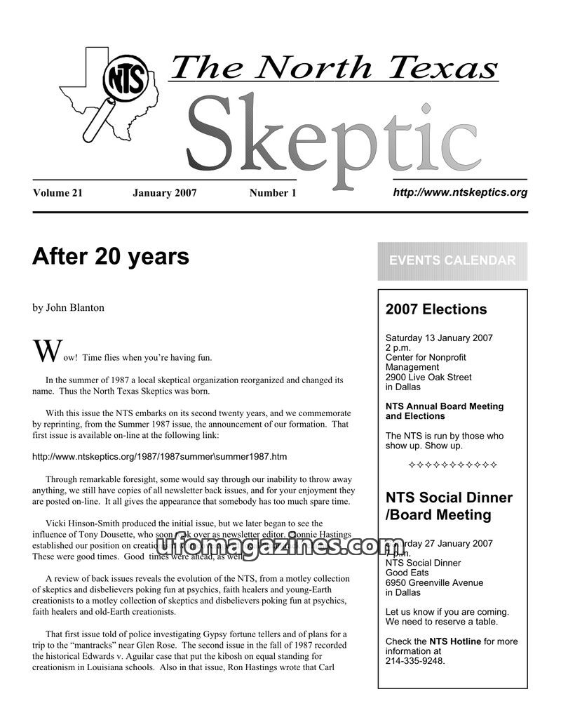 Cover of North Texas Skeptic - Vol 21 No 01 - 2007