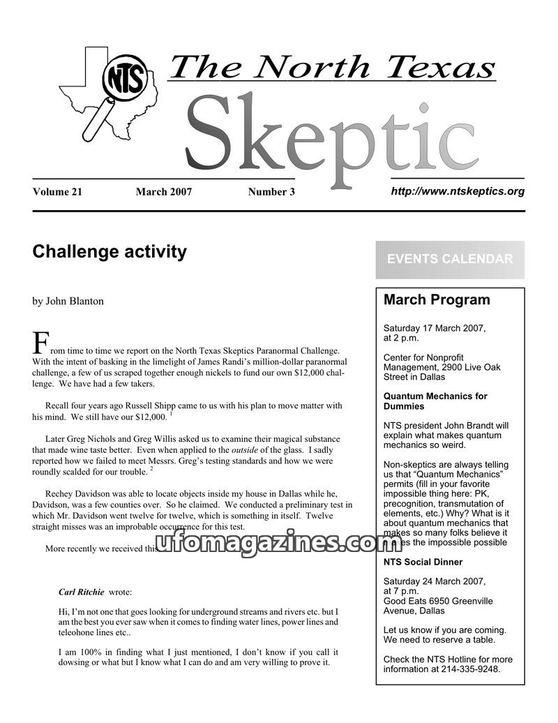 Cover of North Texas Skeptic - Vol 21 No 03 - 2007