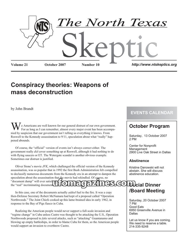 Cover of North Texas Skeptic - Vol 21 No 10 - 2007