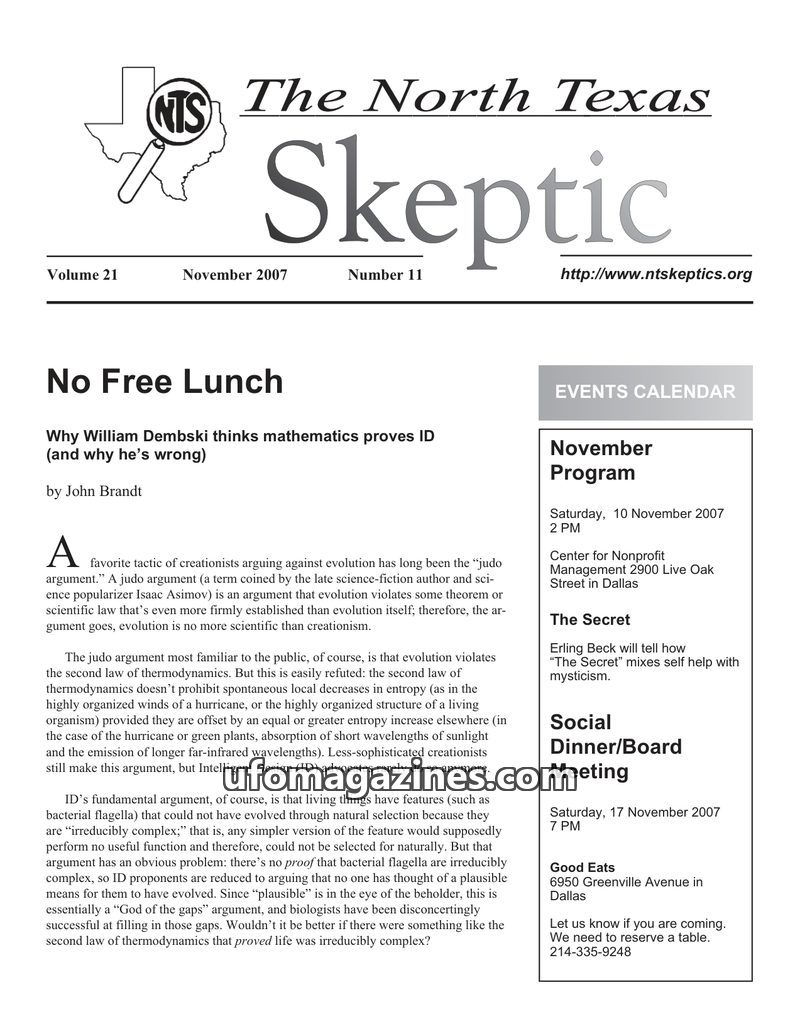 Cover of North Texas Skeptic - Vol 21 No 11 - 2007