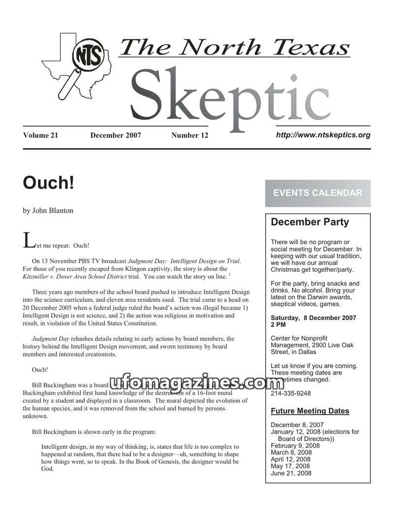 Cover of North Texas Skeptic - Vol 21 No 12 - 2007