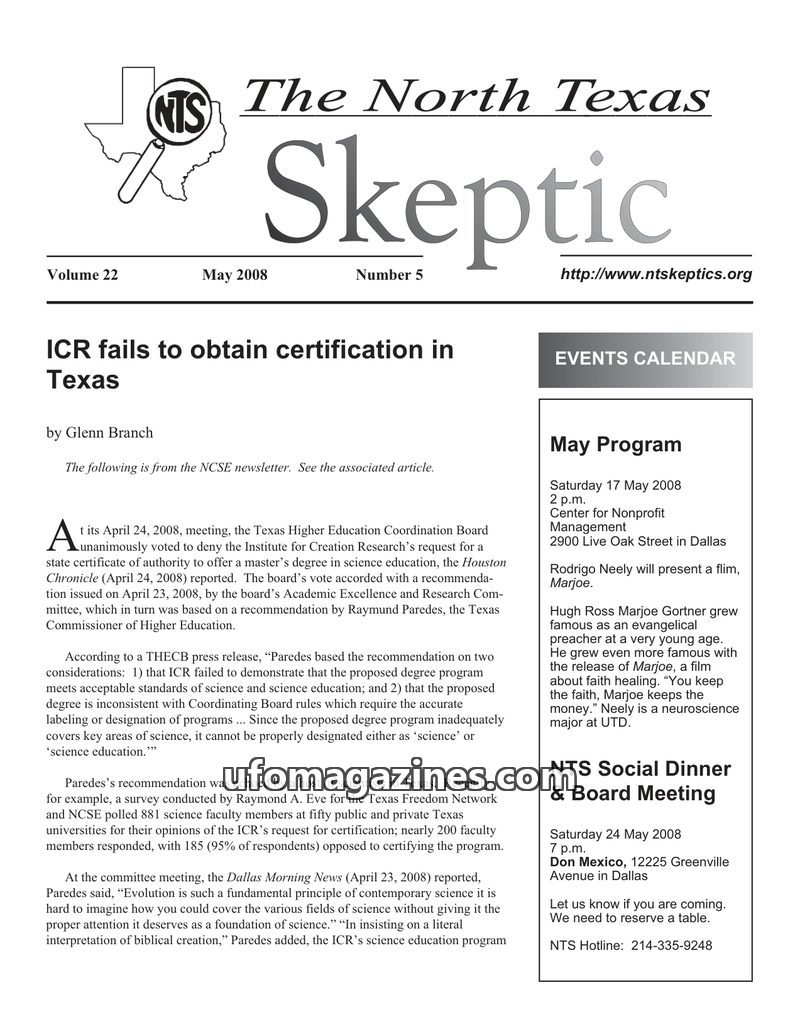 Cover of North Texas Skeptic - Vol 22 No 05 - 2008