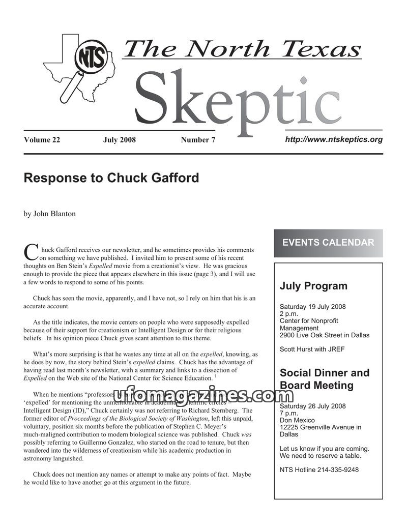 Cover of North Texas Skeptic - Vol 22 No 07 - 2008