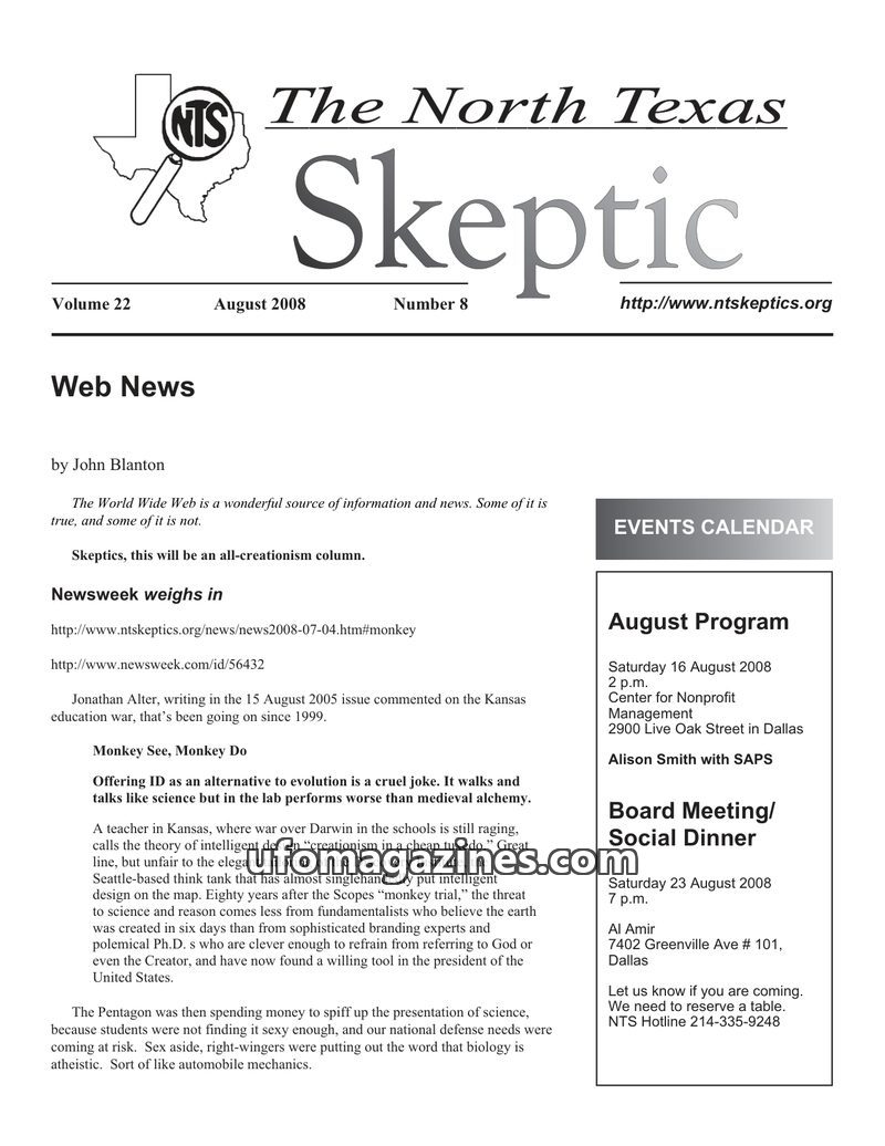 Cover of North Texas Skeptic - Vol 22 No 08 - 2008