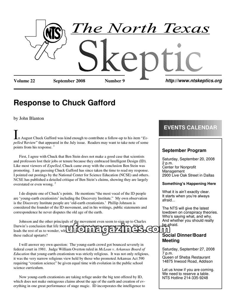 Cover of North Texas Skeptic - Vol 22 No 09 - 2008