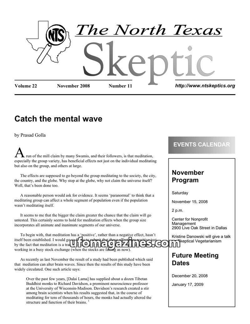 Cover of North Texas Skeptic - Vol 22 No 11 - 2008