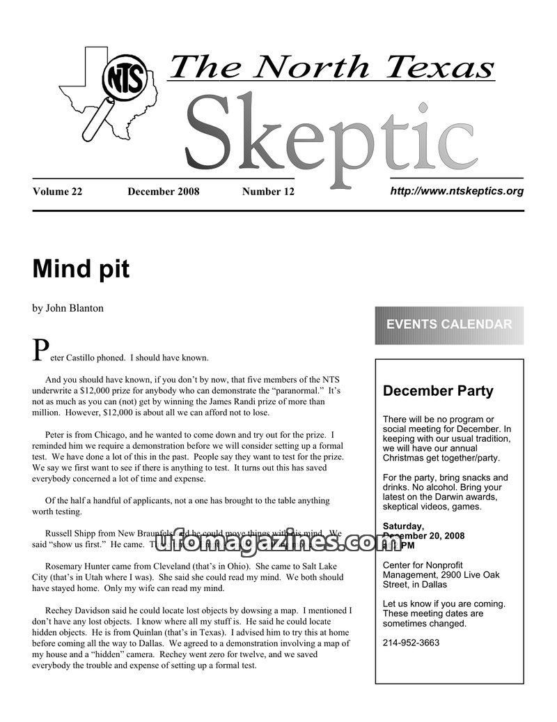 Cover of North Texas Skeptic - Vol 22 No 12 - 2008
