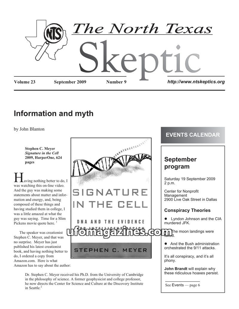 Cover of North Texas Skeptic - Vol 23 No 09 - 2009