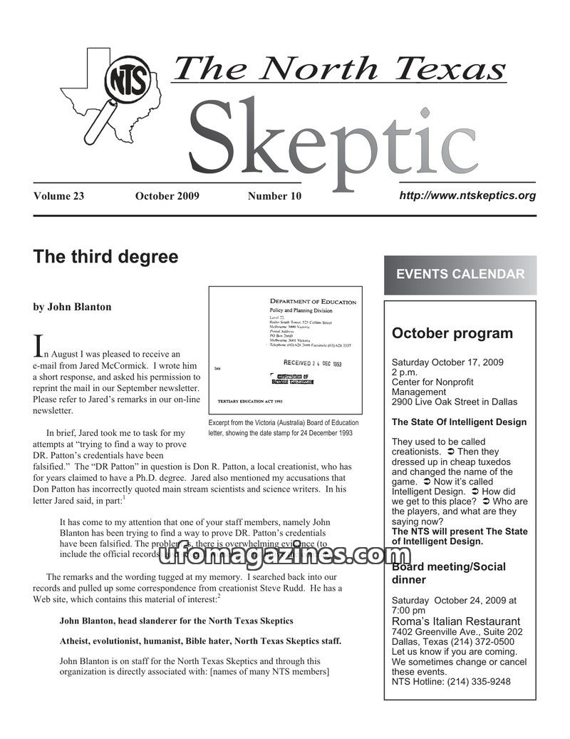 Cover of North Texas Skeptic - Vol 23 No 10 - 2009