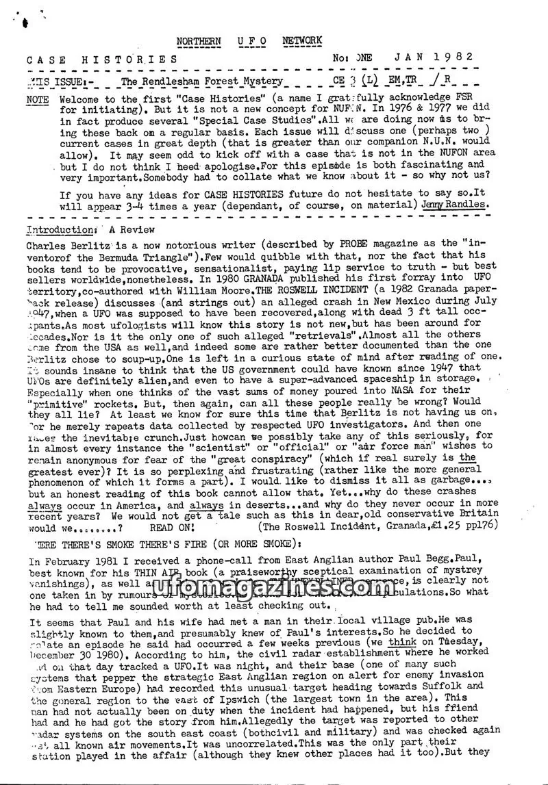 Cover of Northern UFO Network Case Histories (Jenny Randles) issue ONE: NORTHERN UFO NETWORK