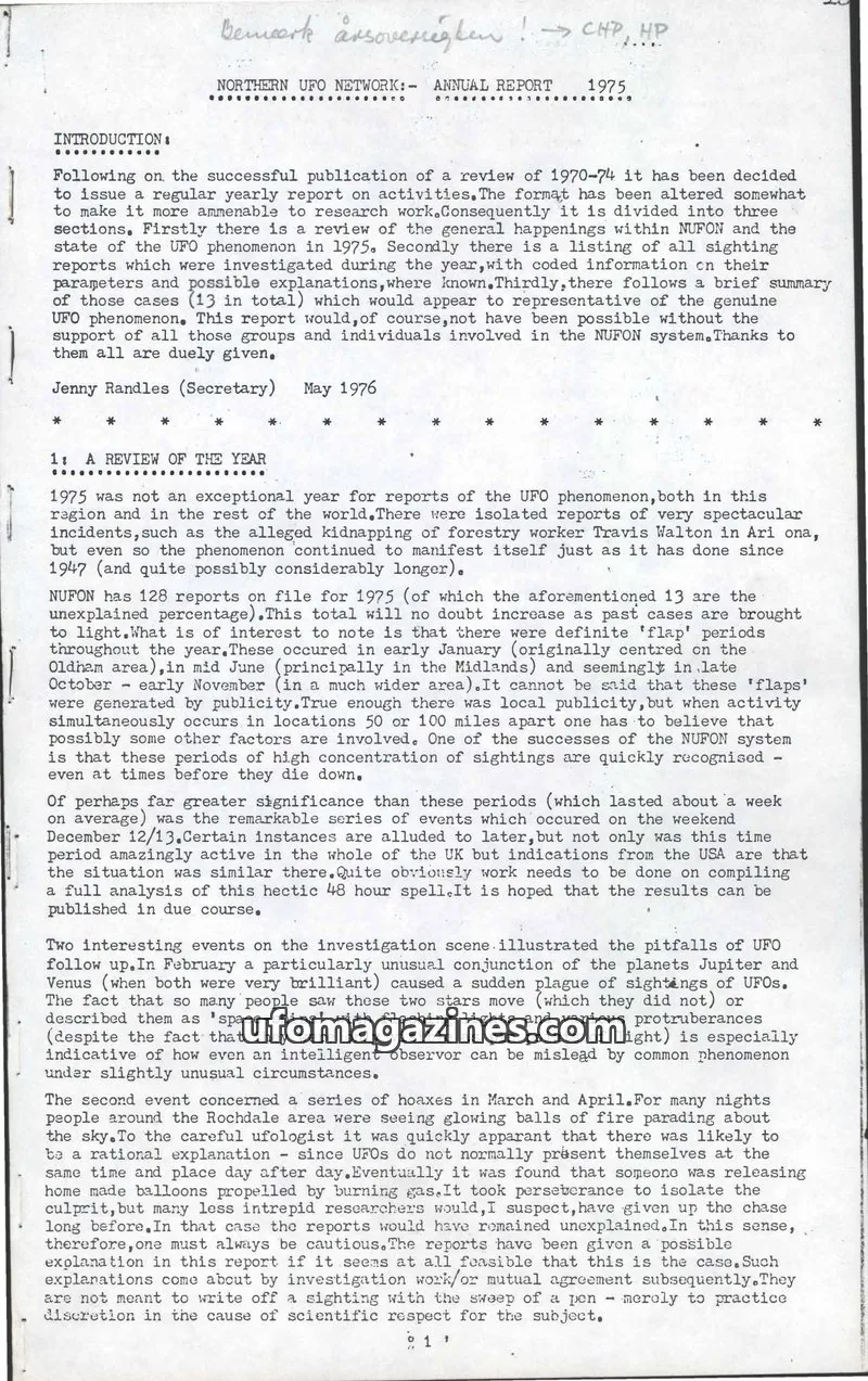 Cover of Northern UFO Network (NUFON) issue 1975: NORTHERN UFO NETWORK:- ANNUAL REPORT 1975