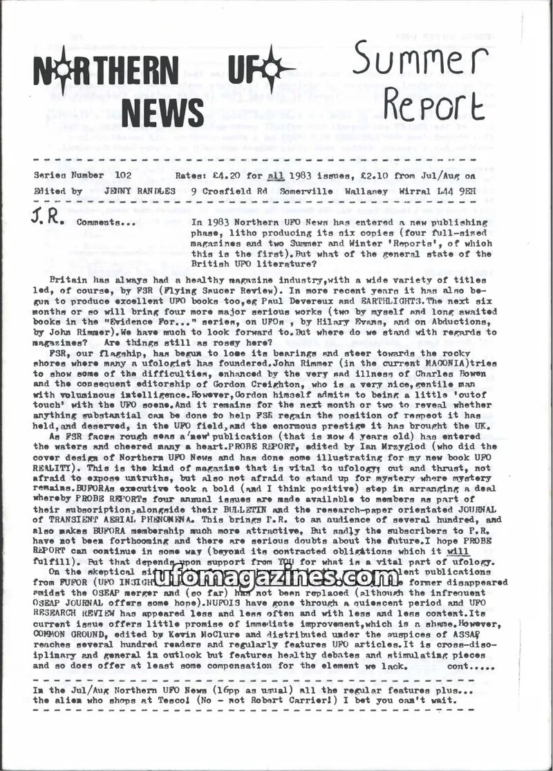 Cover of Northern UFO News (Jenny Randles) issue 102: NORTHERN UFO NEWS Summer Report