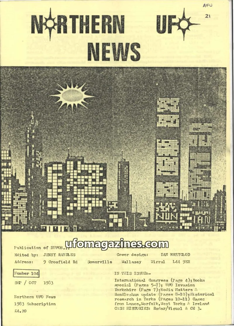 Cover of Northern UFO News (Jenny Randles) issue 104: NORTHERN UFO NEWS