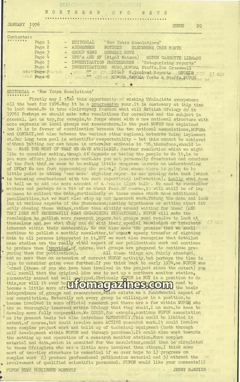 Cover of Northern UFO News (Jenny Randles) issue 20: NORTHERN UFO NEWS
