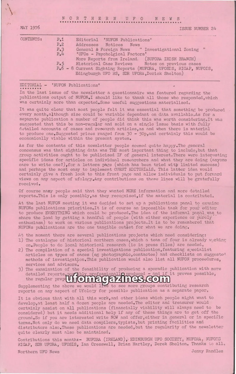 Cover of NUFON issue 24: NORTHERN UFO NEWS