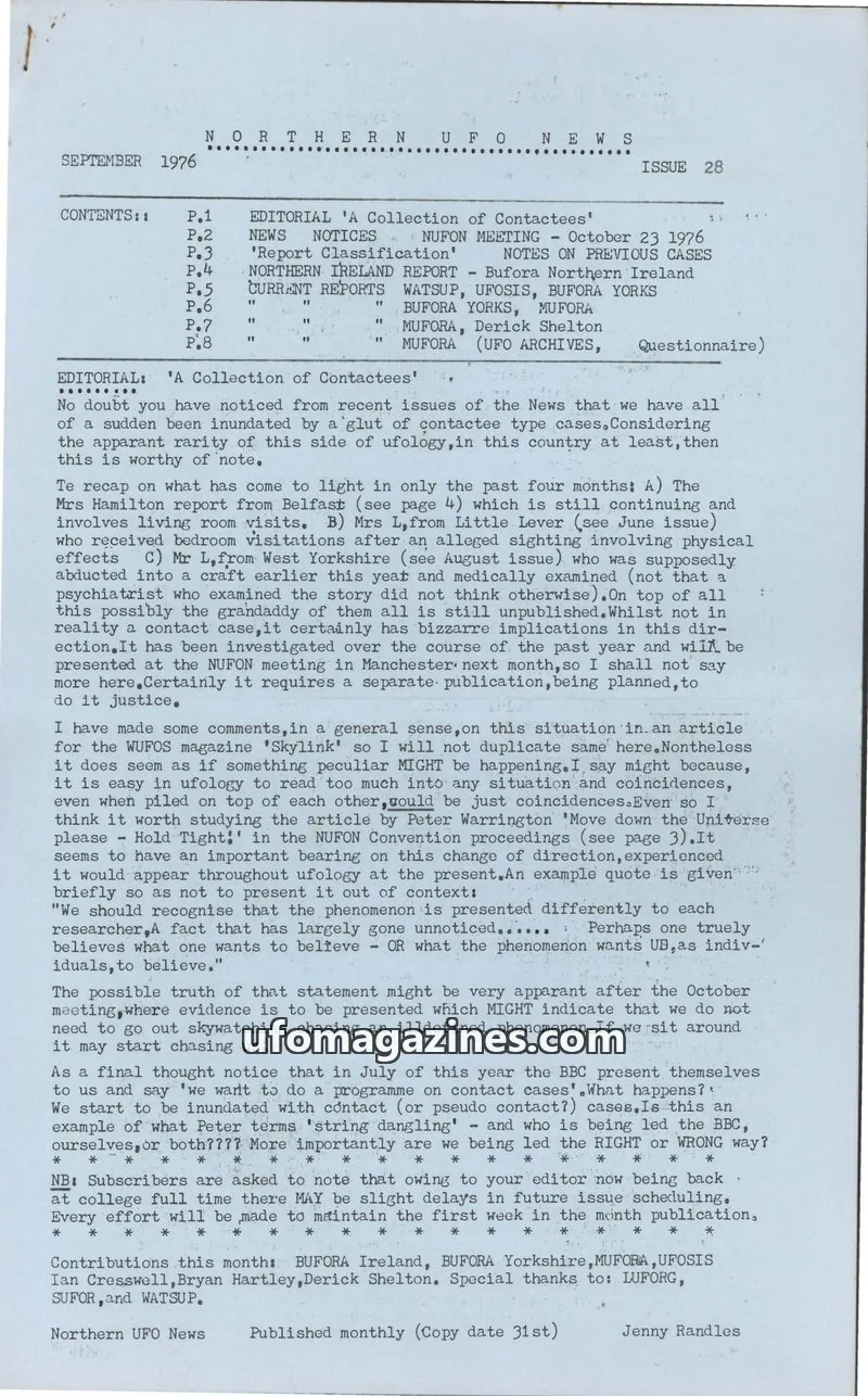 Cover of Northern UFO News (Jenny Randles) issue 28: NORTHERN UFO NEWS