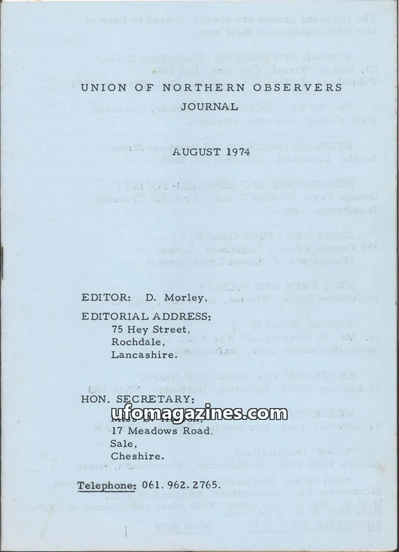 Cover of Northern UFO News (Jenny Randles) issue AUGUST 1974: UNION OF NORTHERN OBSERVERS JOURNAL