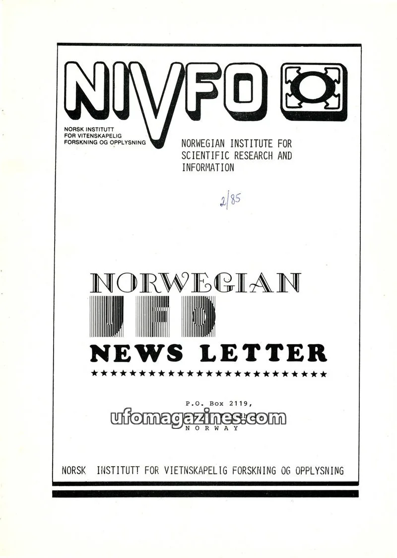 Cover of NORWEGIAN INSTITUTE OF SCIENTIFIC RESEARCH AND ENLIGHTENMENT * NIVFO issue 2/1985: NORWEGIAN UFO NEWS LETTER