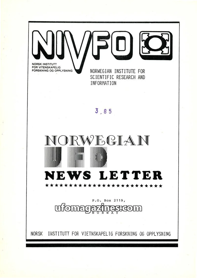Cover of NORWEGIAN INSTITUTE OF SCIENTIFIC RESEARCH AND ENLIGHTENMENT/ NIVFO issue 3/1985: NORWEGIAN UFO NEWS LETTER