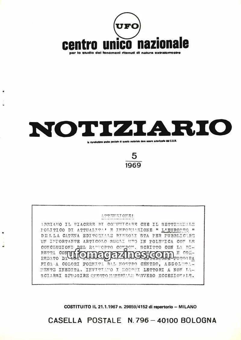 Cover of Notiziario UFO (CUN) issue 5: NOTIZIARIO