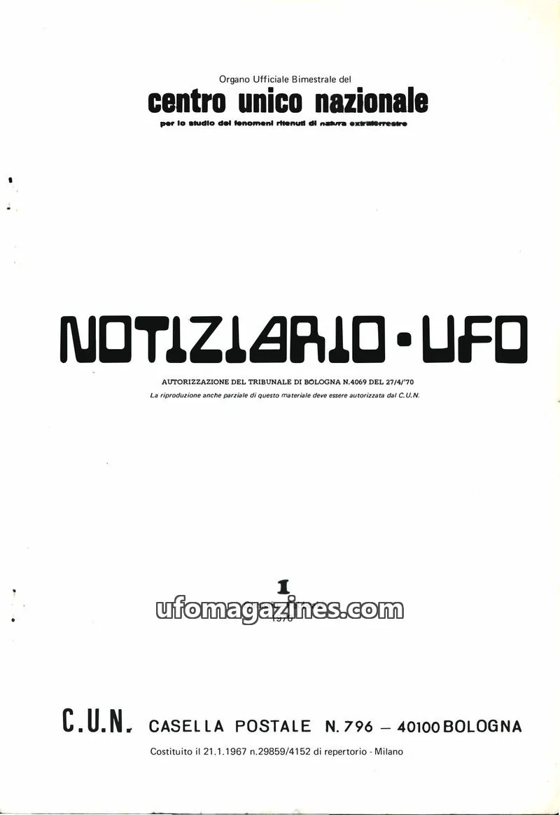 Cover of Notiziario UFO (CUN) issue 1: NOTIZIARIO UFO
