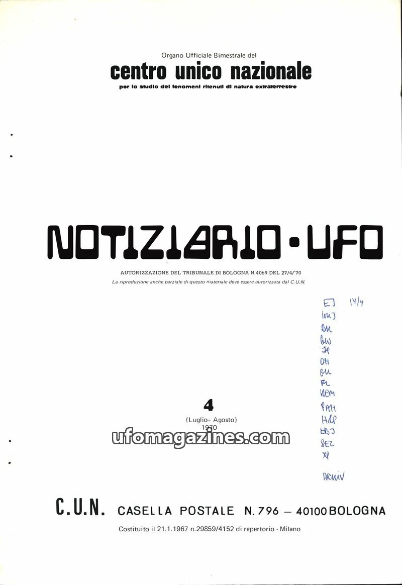 Cover of Notiziario UFO (CUN) issue 4: NOTIZIARIO UFO