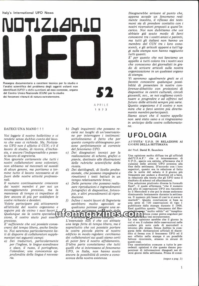 Cover of Notiziario UFO (CUN) issue 52: NOTIZIARIO UFO