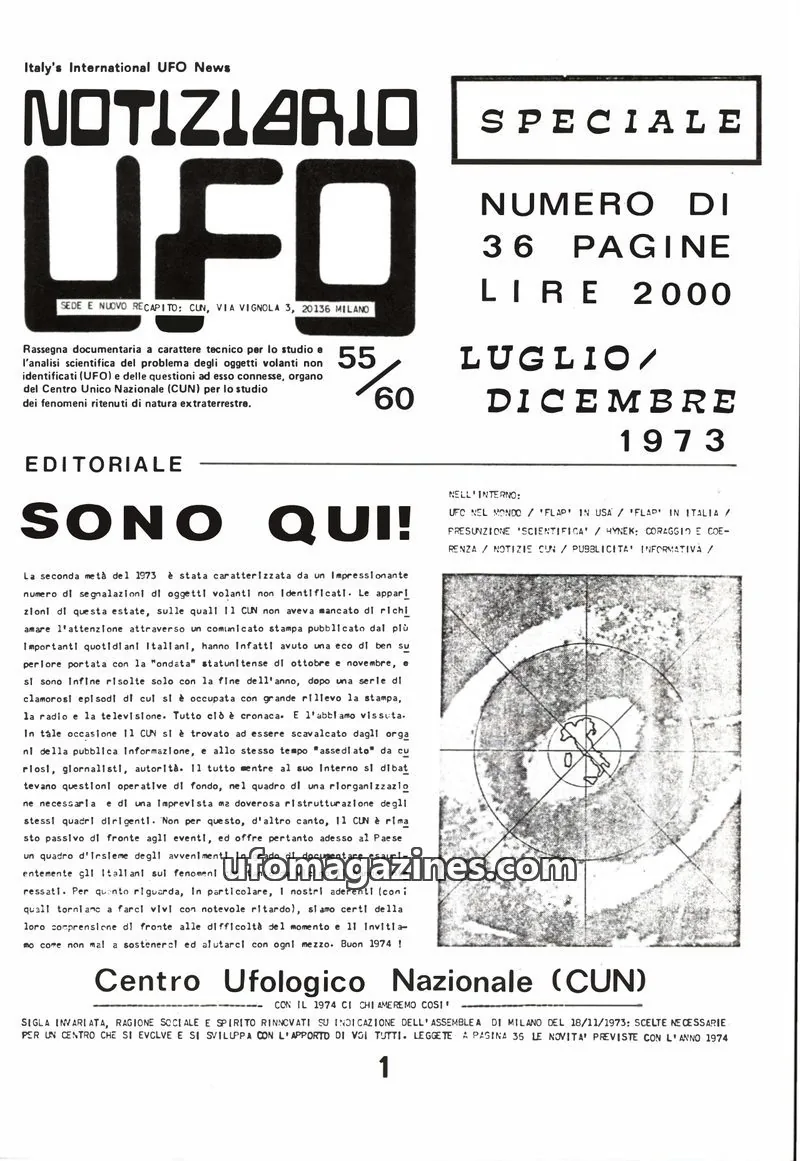 Cover of Notiziario UFO (CUN) issue 29/10/1973: Luci si spengono alla Spezia mentre passa un «disco volante»