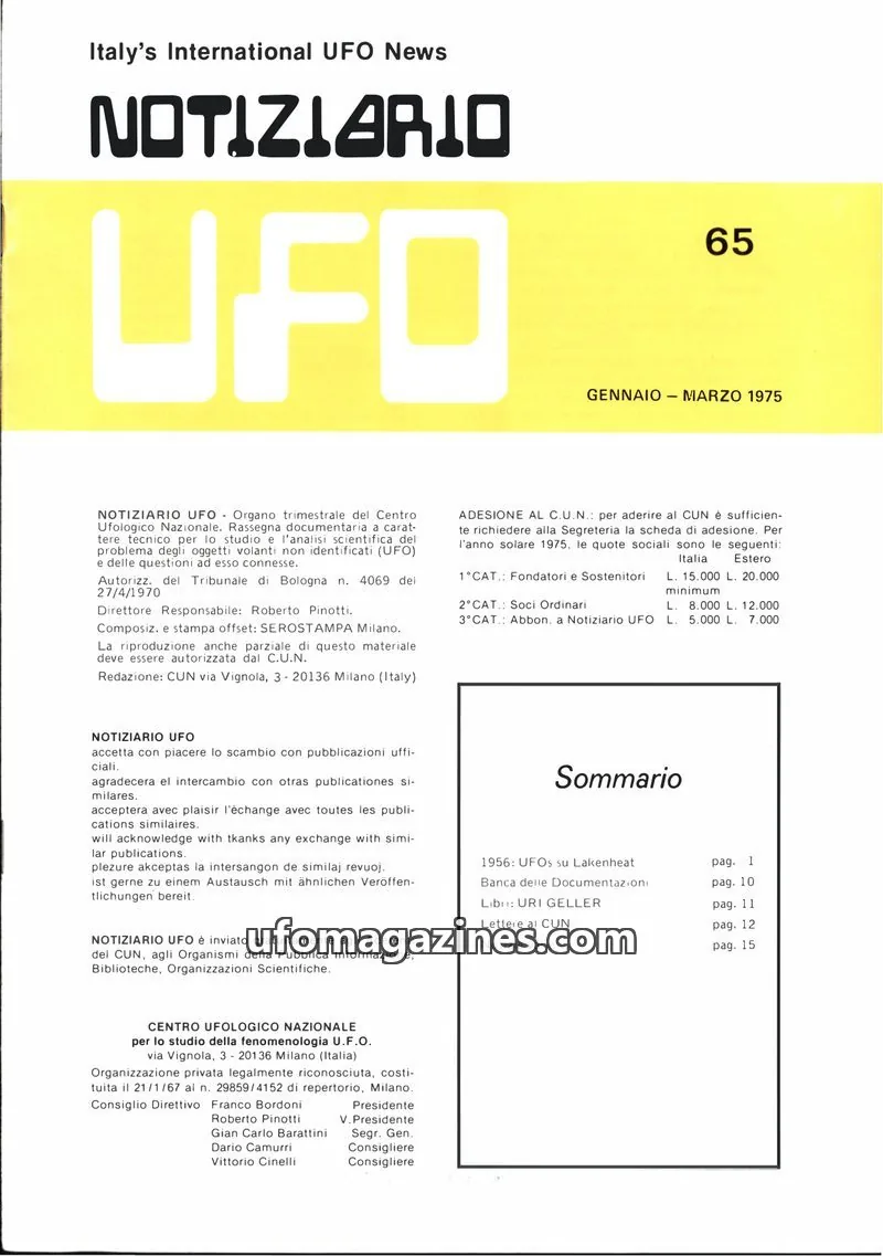 Cover of Notiziario UFO (CUN) issue 65: Italy's International UFO News NOTIZIARIO UFO
