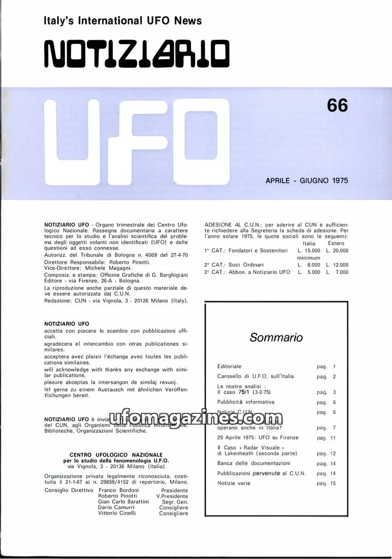 Cover of Notiziario UFO (CUN) issue 66: NOTIZIARIO UFO