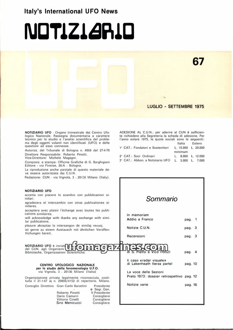 Cover of Notiziario UFO (CUN) issue 67: NOTIZIARIO UFO