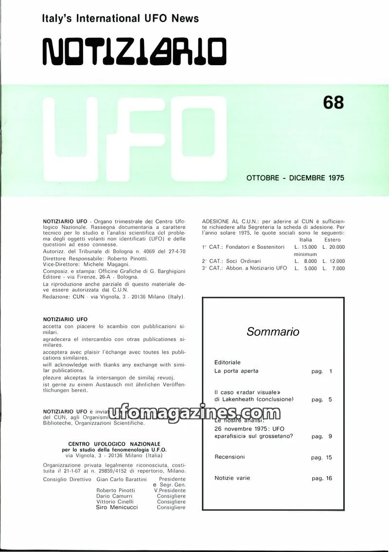 Cover of Notiziario UFO (CUN) issue 68: NOTIZIARIO UFO
