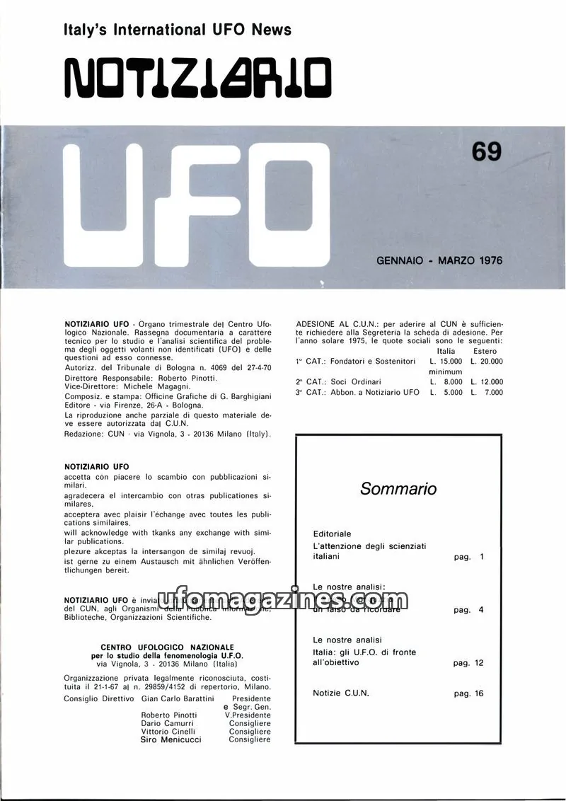 Cover of Notiziario UFO (CUN) issue 69: NOTIZIARIO UFO