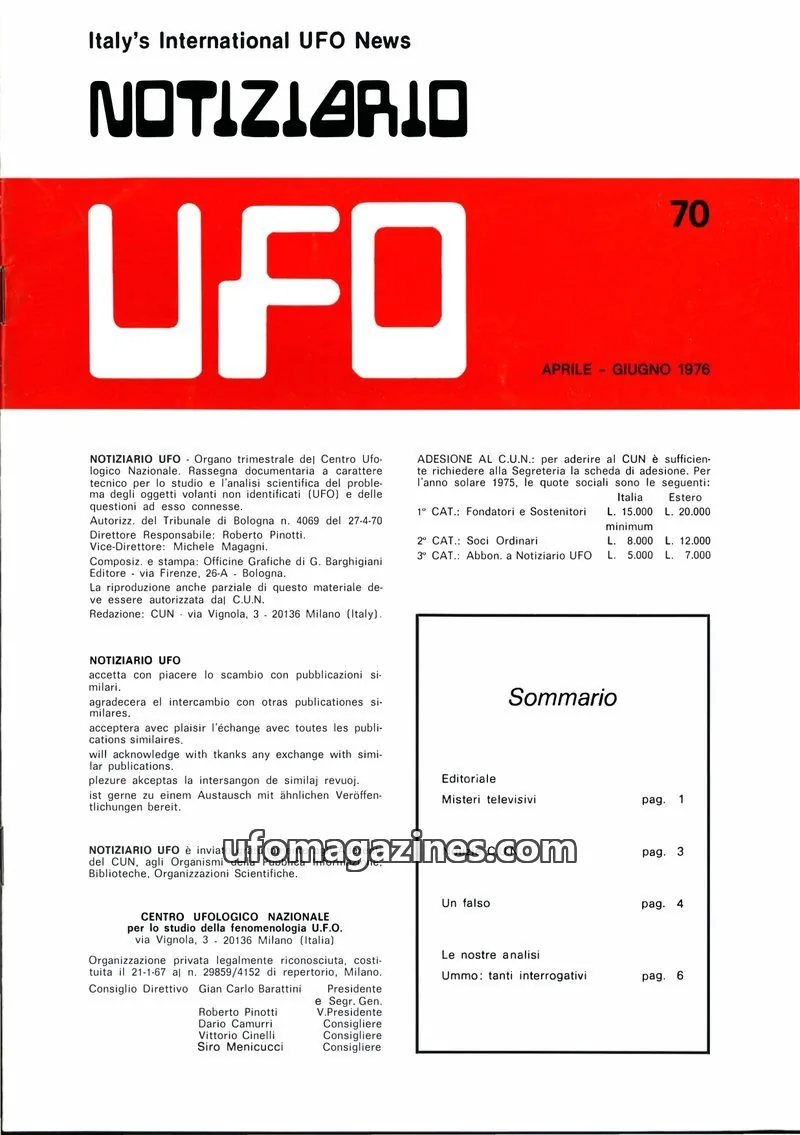 Cover of Notiziario UFO (CUN) issue 70: NOTIZIARIO UFO