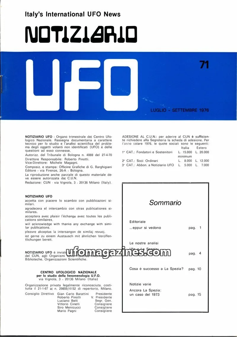 Cover of Notiziario UFO (CUN) issue 71: NOTIZIARIO UFO