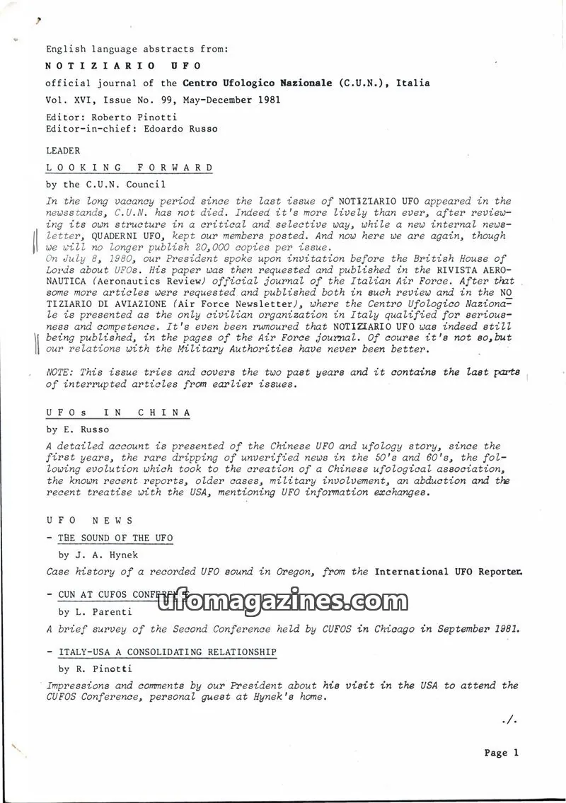 Cover of Notiziario UFO (CUN) issue 99: NOTIZIARIO UFO