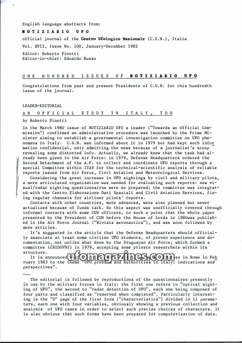 Cover of Notiziario UFO (CUN) issue No. 100: NOTIZIARIO UFO