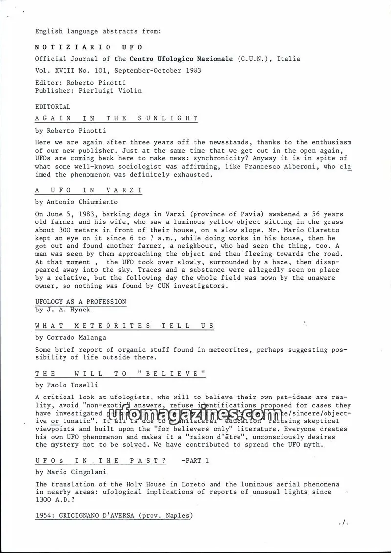 Cover of Notiziario UFO (CUN) issue 101: NOTIZIARIO UFO