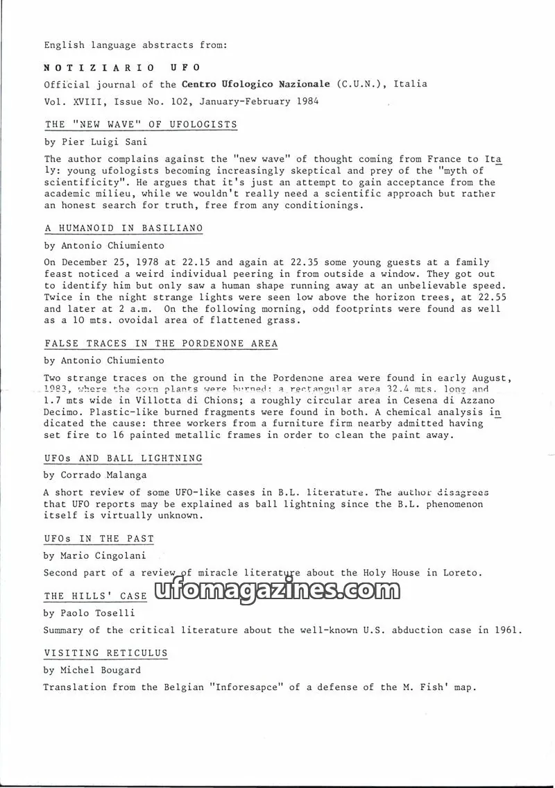 Cover of Notiziario UFO (CUN) issue 102: NOTIZIARIO UFO