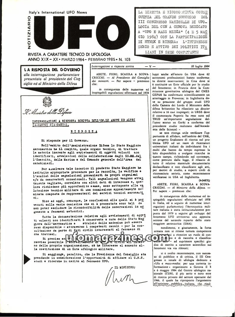 Cover of Notiziario UFO (CUN) issue 103: UFO