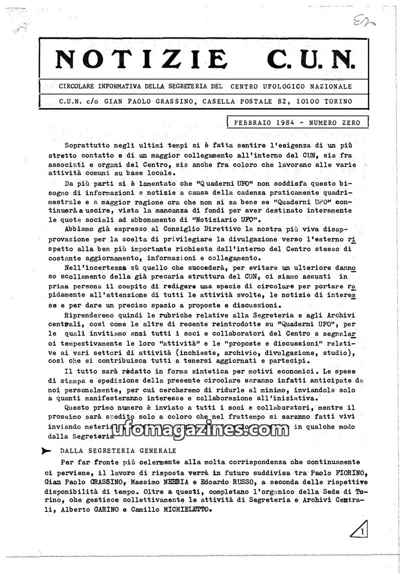 Cover of Notizie CUN issue ZERO: NOTIZIE C.U.N.