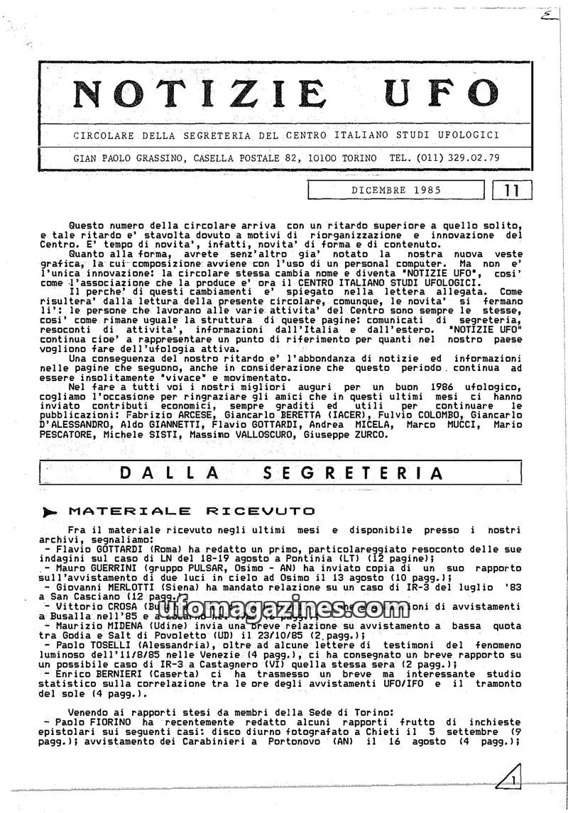 Cover of Notizie UFO (CISU) issue 11: NOTIZIE UFO