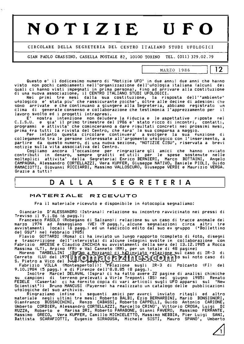 Cover of Notizie UFO (CISU) issue 12: NOTIZIE UFO