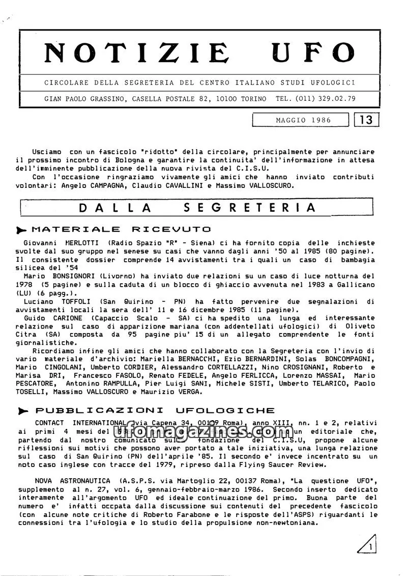 Cover of Notizie UFO (CISU) issue 13: NOTIZIE UFO