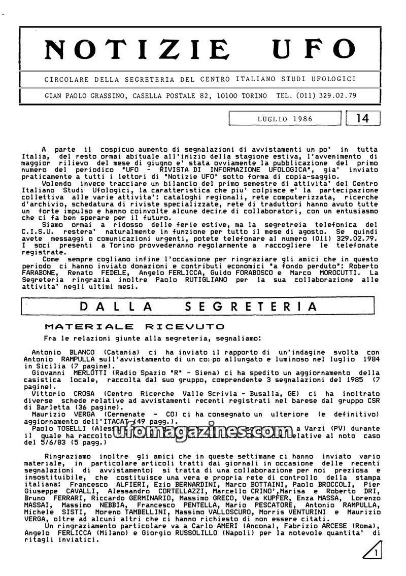 Cover of Notizie UFO (CISU) issue 14: NOTIZIE UFO