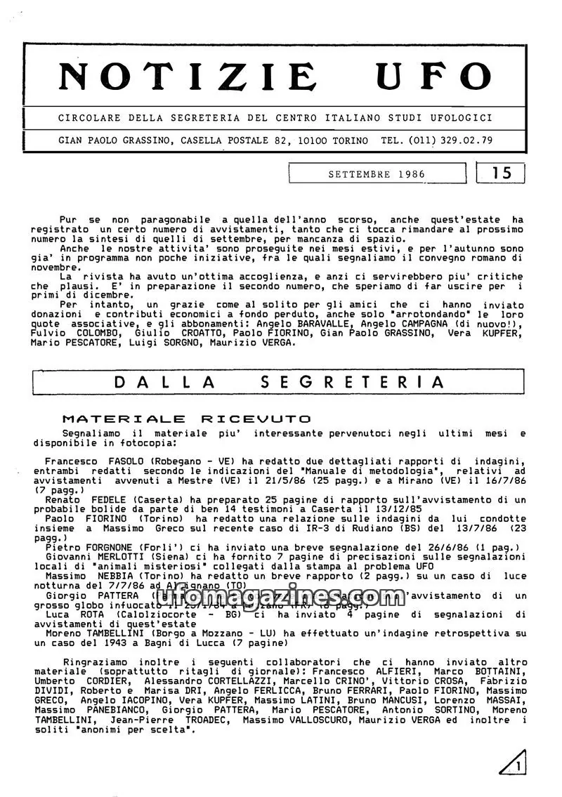 Cover of Notizie UFO (CISU) issue 15: NOTIZIE UFO