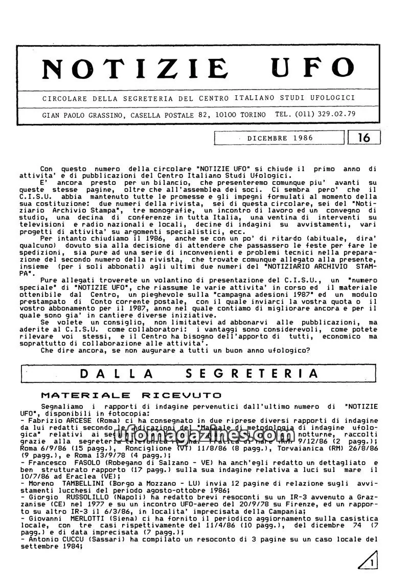 Cover of Notizie UFO (CISU) issue 16: NOTIZIE UFO